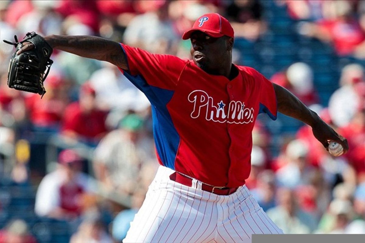 March 7, 2012; Clearwater FL, USA; Philadelphia Phillies starting pitcher Dontrelle Willis (53) pitches in the sixth inning of the game against the Houston Astros at Bright House Field. Mandatory Credit: Daniel Shirey-US PRESSWIRE