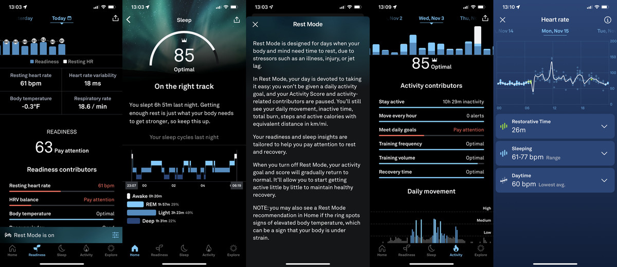 Screenshots of various score pages and explainers from the Oura app