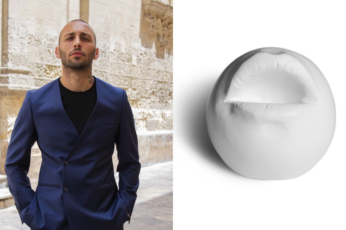 On the left, a photo of Floriano Pellegrino, a young man with a shaved head, wearing a navy suit and black t-shirt. On the left, a plaster mold of a mouth used as a serving dish.