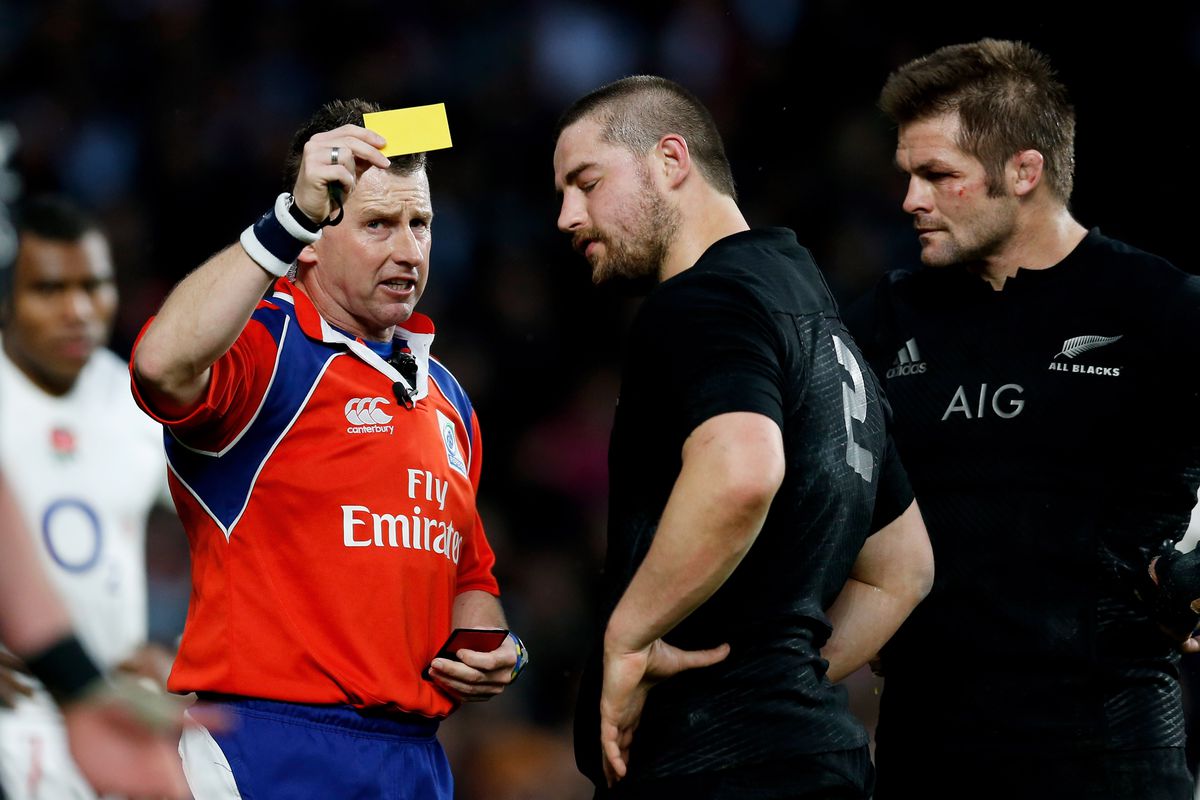 Nigel Owens yellow cards a New Zealand player.