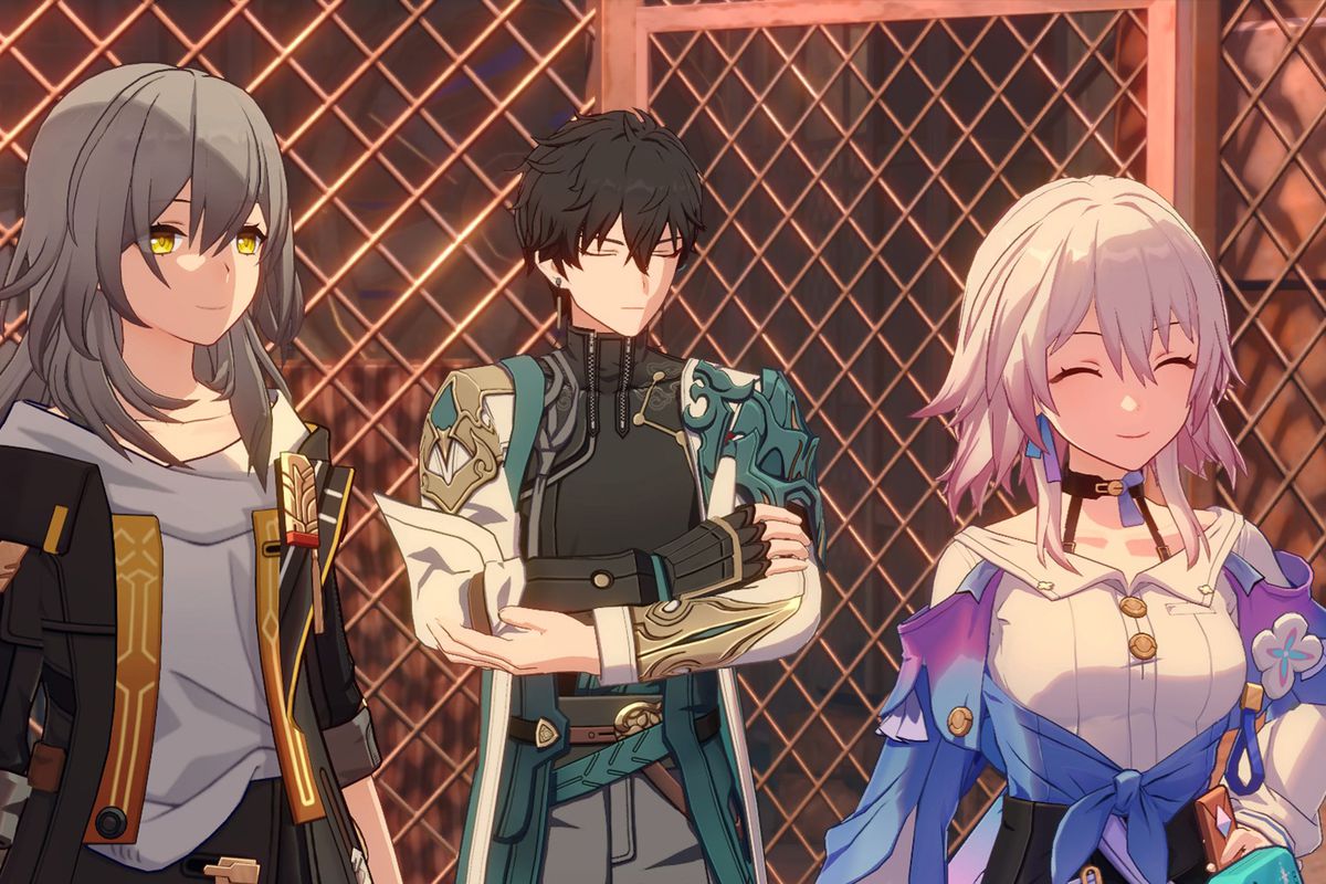The three “main” characters in Honkai: Star Rail, the female Trailblazer, Don Heng, and March 7th stand together in a caged arena