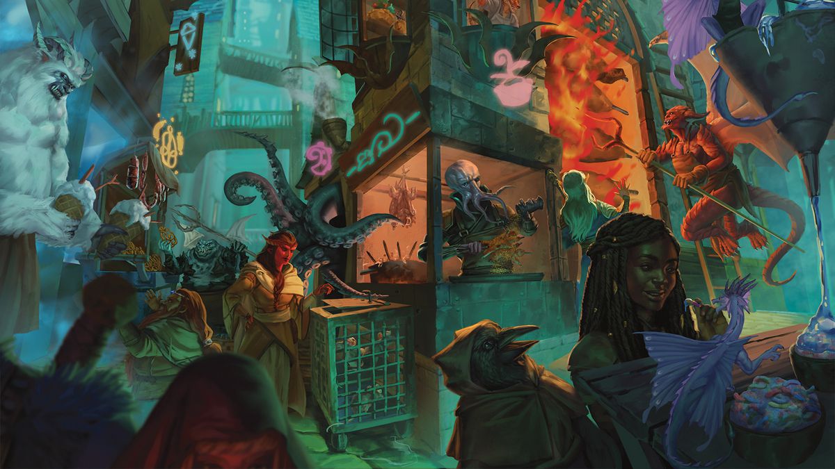 A street scene from Planescape: Adventures int he Multiverse showing an illithid shopkeeper conversing with a tiefling. The lighting is dim, with hints of green and purple.