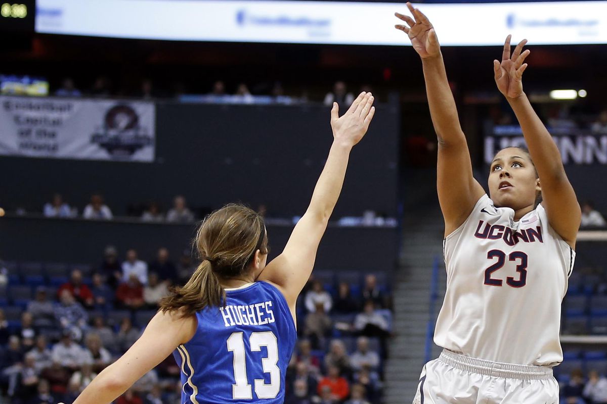 Kaleena Mosqueda-Lewis is UConn's all-time 3-point shooting champion after hitting her 319th triple Sunday afternoon.
