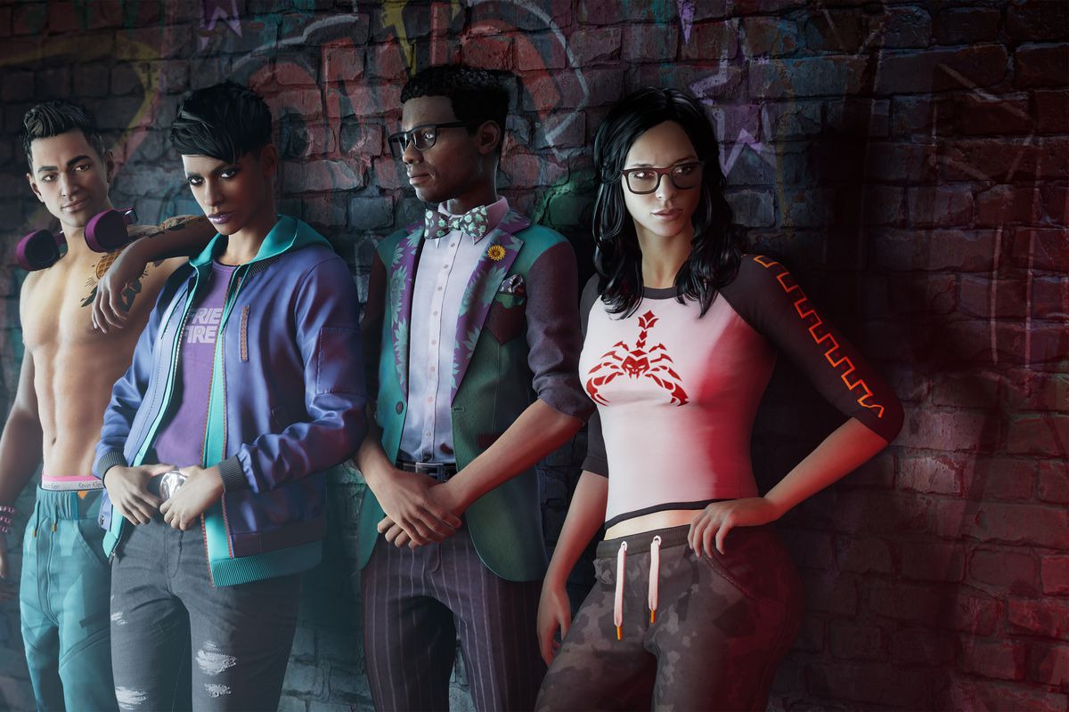 Four young adults leaning against a wall; these are the new Third Street Saints in the rebooted Saints Row.