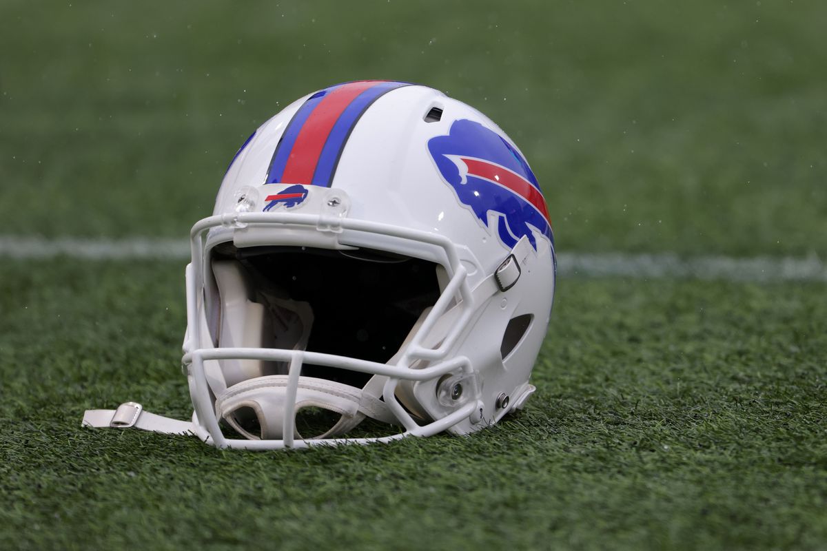 A general view of a helmet worn by a Buffalo Bills player on the field before a game against the Carolina Panthers at Highmark Stadium on December 19, 2021 in Orchard Park, New York.