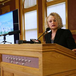 Salt Lake City Mayor Jackie Biskupski, opens the press conference as she and city councilman James Rogers announce 4 new homeless resource centers to be built around the city during a press conference at the City and County building on Tuesday, Dec. 13, 2016.