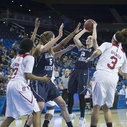 BYU's Lexi Eaton gets off a shot during women's basketball action.