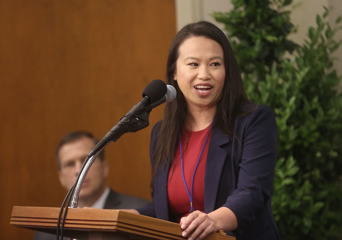 Sheng Tao, Oakland City councilwoman, speaks during a media day in the visitors' center for the newly renovated Oakland California Temple, of The Church of Jesus Christ of Latter-day Saints, in Oakland, California, on Monday, May 6, 2019.