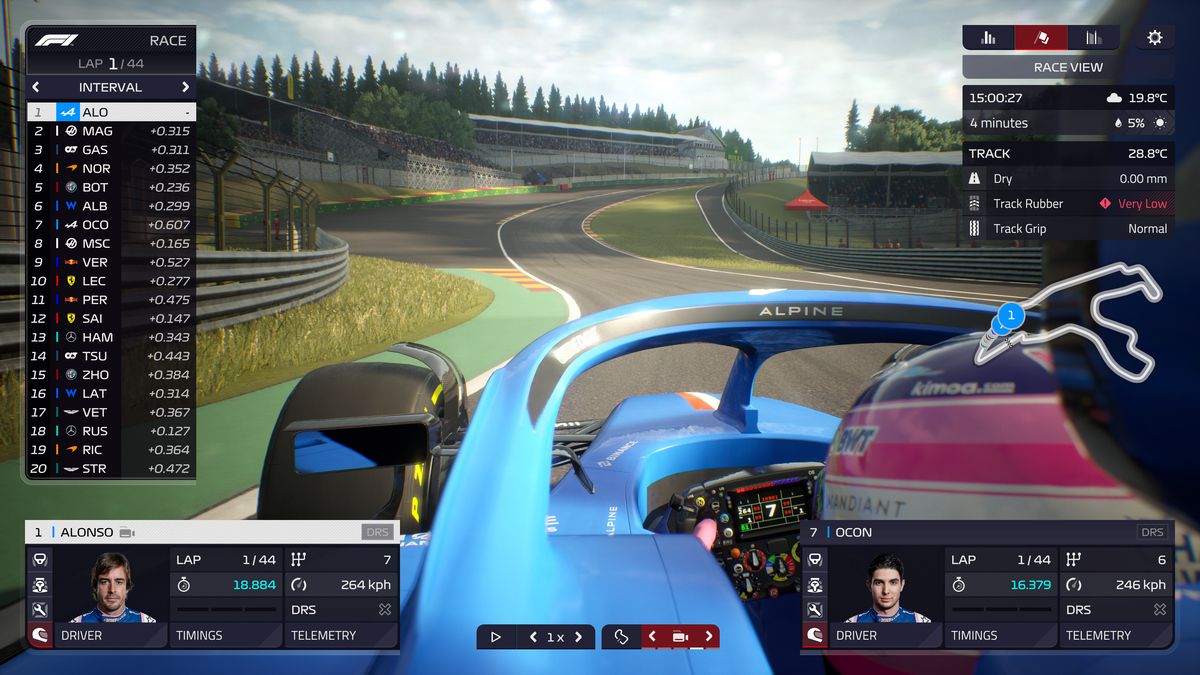In-game image of F1 Manager 22, watching an Alpine about to climb Eau Rouge at Spa-Francorchamps