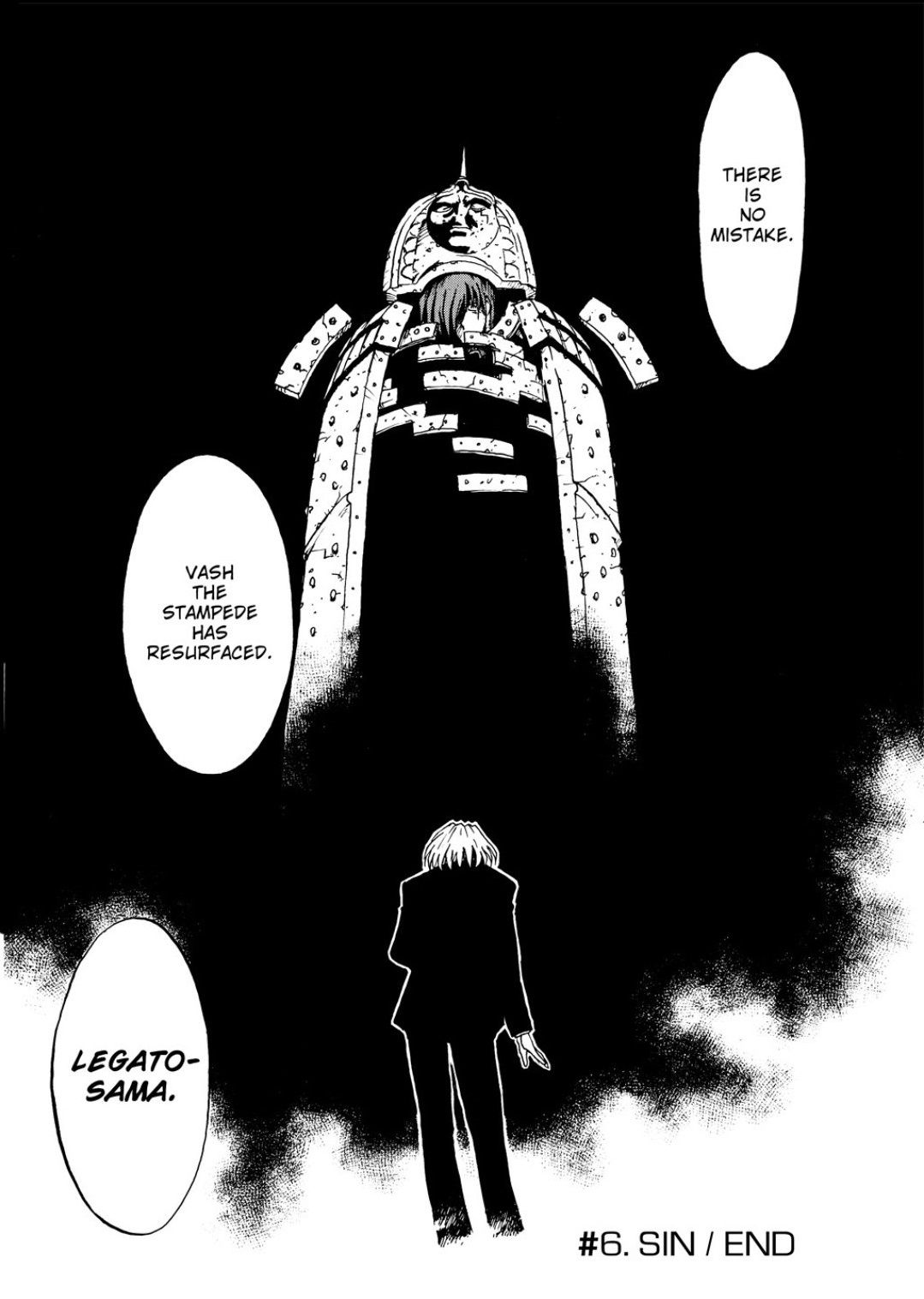 A full-page panel from the final issue of Trigun Maximum issue #6, “Sin,” showing the back of an anime character in a dark suit speaking to a shadowy figure encased in a coffin-like apparatus.