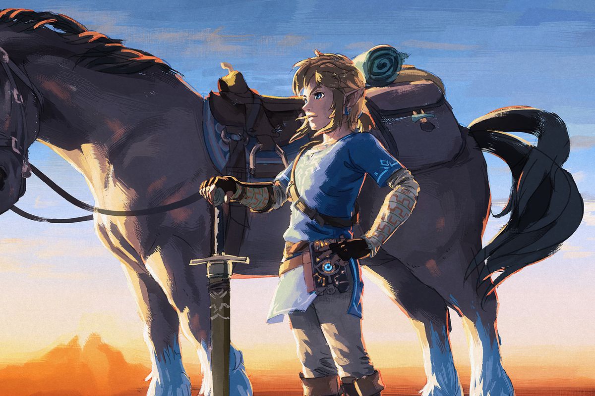 Link stands in his Breath of the Wild blue tunic next to his horse while the sun sets