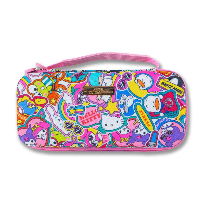 A pink Switch case featuring sticker-like images of Hello Kitty and her friends