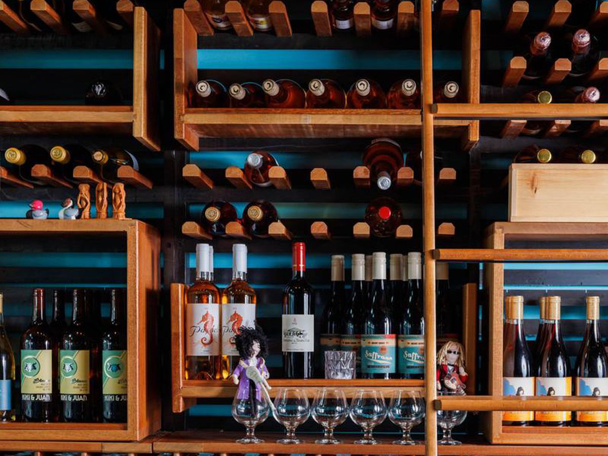 A restaurant’s wine shelves.