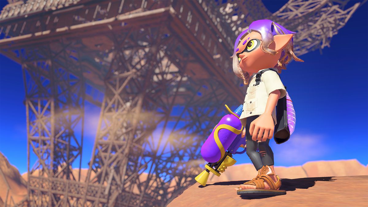 an image of an inkling in splatoon staring off into the distance. there’s an upside down Eiffel Tower in the background.