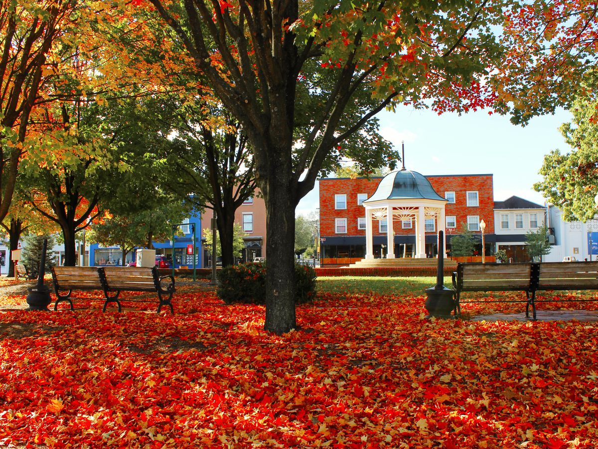 A town square seen during the height of fall. Red and orange leaves are spread across the ground. There is a gazebo in the background.