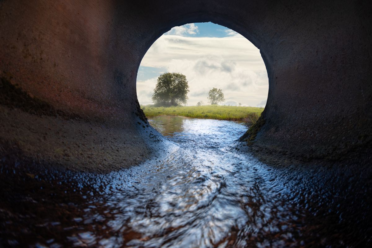 The view from inside a pipe with water flowing out to a grassy area with trees.