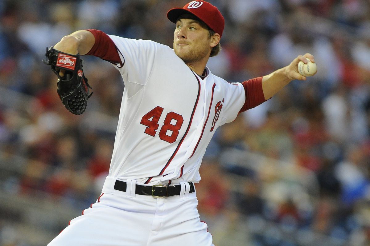 Aug 17, 2012; Washington, DC, USA; Washington Nationals starting pitcher Ross Detwiler (48) throws in the first inning against the New York Mets at Nationals Park. Mandatory Credit: Brad Mills-US PRESSWIRE