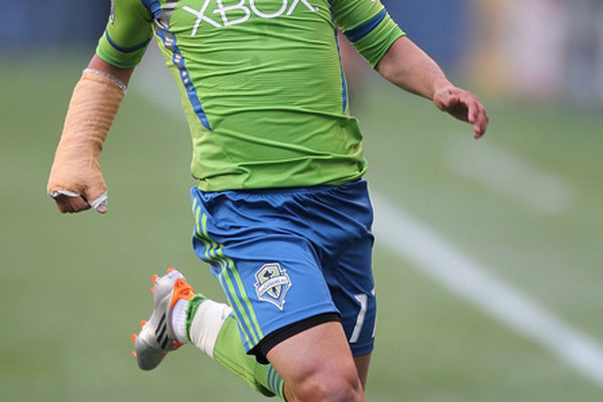SEATTLE - APRIL 30:  Fredy Montero #17 of the Seattle Sounders FC controls the ball during the game against Toronto FC at Qwest Field on April 30, 2011 in Seattle, Washington. Seattle defeated Toronto 3-0. (Photo by Otto Greule Jr/Getty Images)