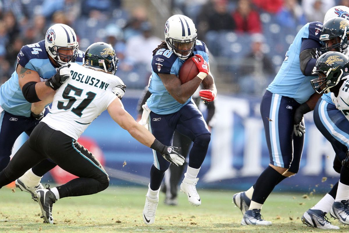 NASHVILLE, TN - DECEMBER 24:  Chris Johnson #28 of the Tennessee Titans runs with the ball during the NFL game against the Jacksonville Jaguars at LP Field on December 24, 2011 in Nashville, Tennessee.  (Photo by Andy Lyons/Getty Images)