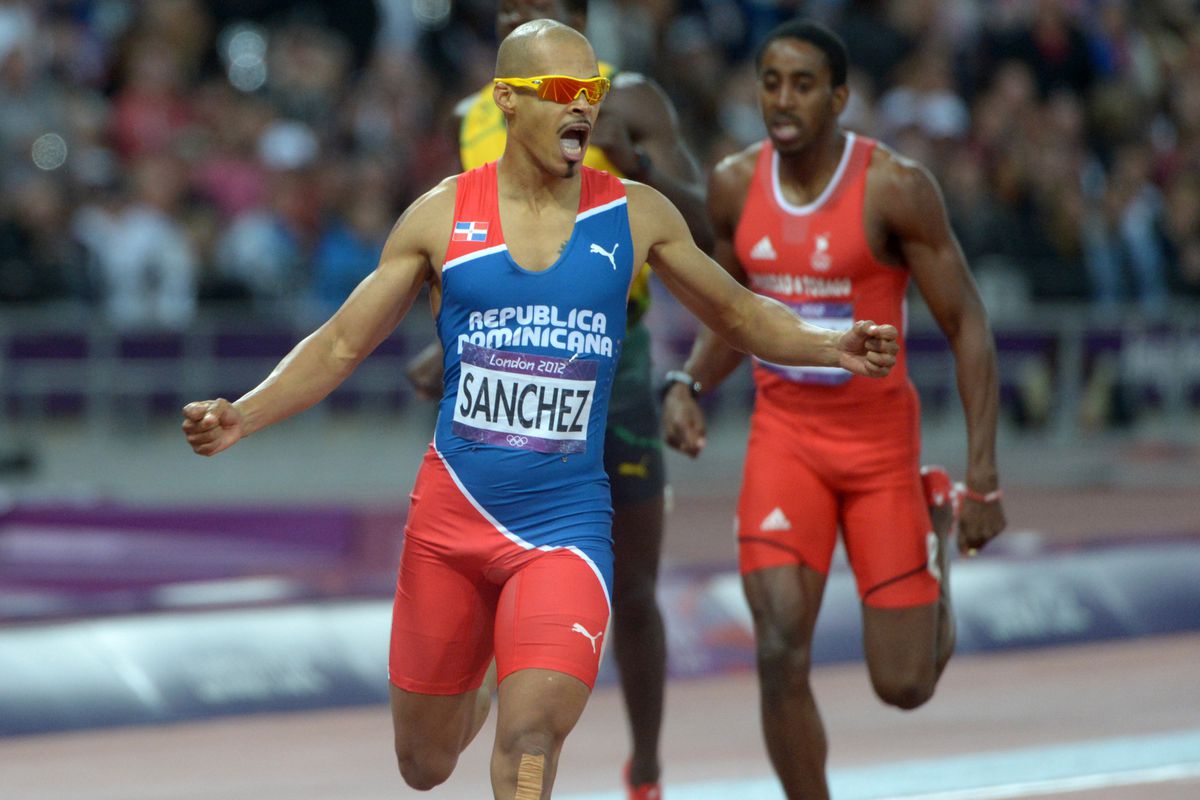 Aug 6, 2012; London, United Kingdom; Felix Sanchez (DOM) reacts after winning the mens 400m hurdles in 47.63 during the London 2012 Olympic Games at Olympic Stadium. Mandatory Credit: Kirby Lee-USA TODAY Sports