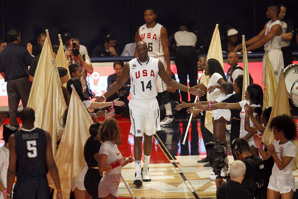 NEW YORK CITY NY - AUGUST 12: Lamar Odom #14 is introduced during the World Basketball Festival USAB Showcase at Radio City Music Hall on August 12 2010 in New York City. (Photo by Chris Trotman/Getty Images for Nike)