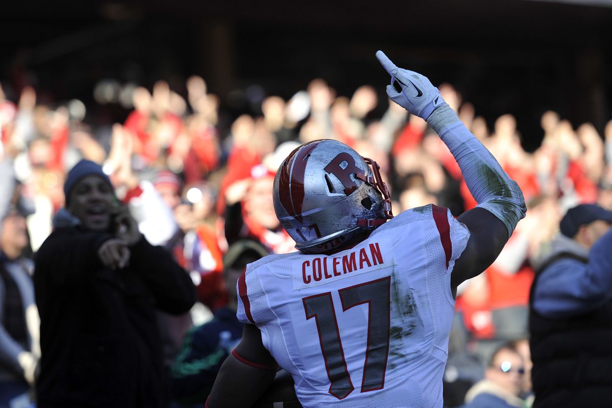 Brandon Coleman celebrates a touchdown against Notre Dame in the 2013 Pinstripe Bowl