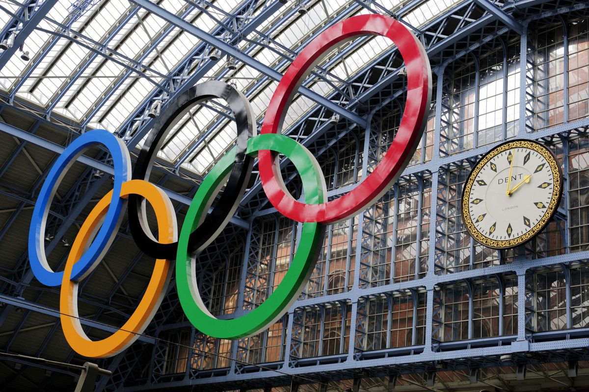 July 16, 2012; London, UNITED KINGDOM; A general view of the Olympic rings logo hanging from the roof of St. Pancras International Train Station 11 days before the start of the 2012 London Olympic Games.  Mandatory Credit: Joe Toth-US PRESSWIRE