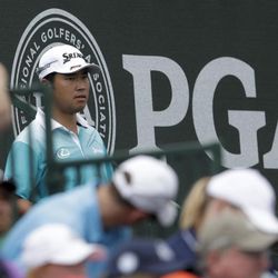 Hideki Matsuyama of Japan, arrives for the second hole during the second round of the PGA Championship golf tournament at the Quail Hollow Club Friday, Aug. 11, 2017, in Charlotte, N.C. 