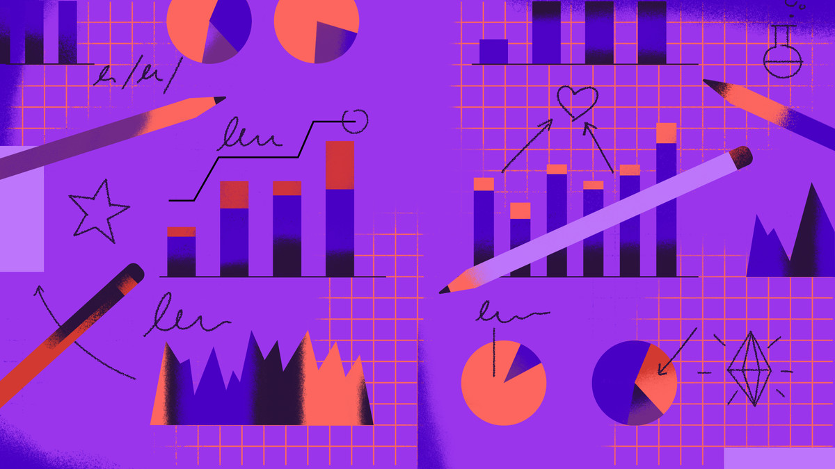 Purple and orange-tinted illustration of graphs and pie charts, with pencils on top.