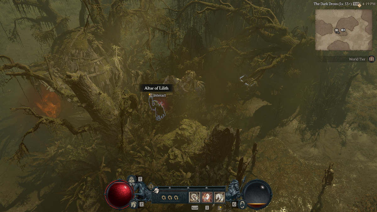A screenshot of a Barbarian finding the 31st Altar of Lilith in Hawezar in Diablo 4