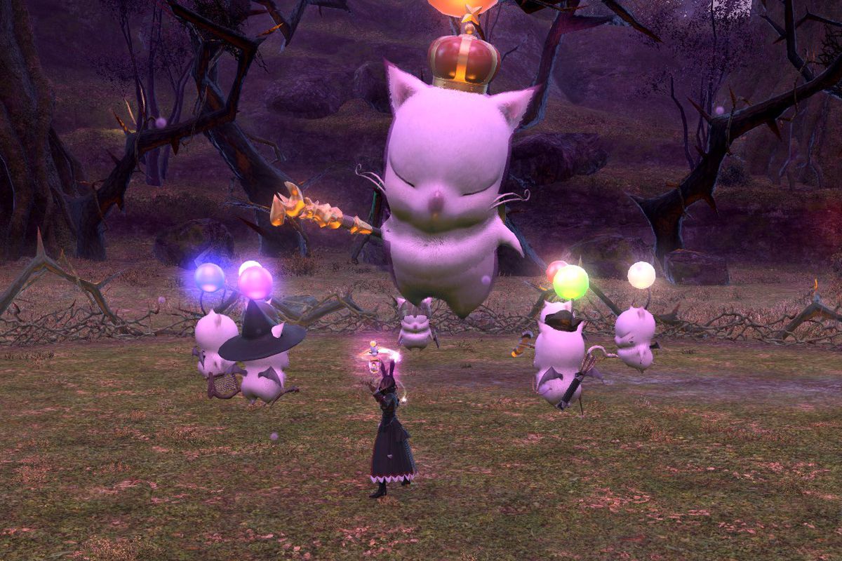 A player character stands surrounded by cruel, evil moogles, in Final Fantasy 14