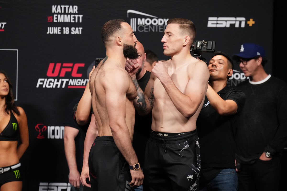 Roman Dolidze of Georgia and Kyle Daukaus face off during the UFC Fight Night ceremonial weigh-in at Moody Center on June 17, 2022 in Austin, Texas.