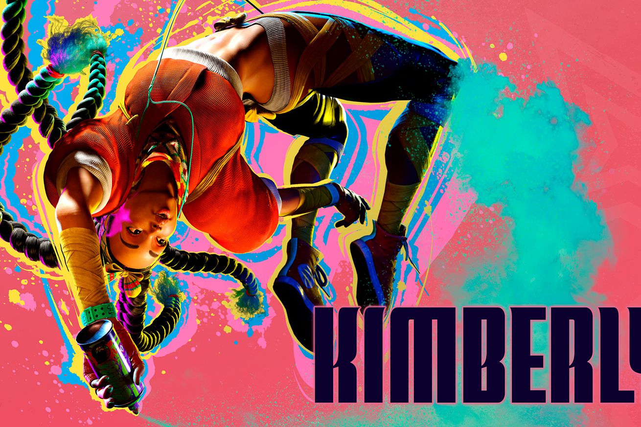Image of new Street Fighter 6 character Kimberly, a colorful African-American girl with extremely long braids dressed in yoga pants, a cut off sweatshirt and hi-top sneakers reminiscent of 80s fashion