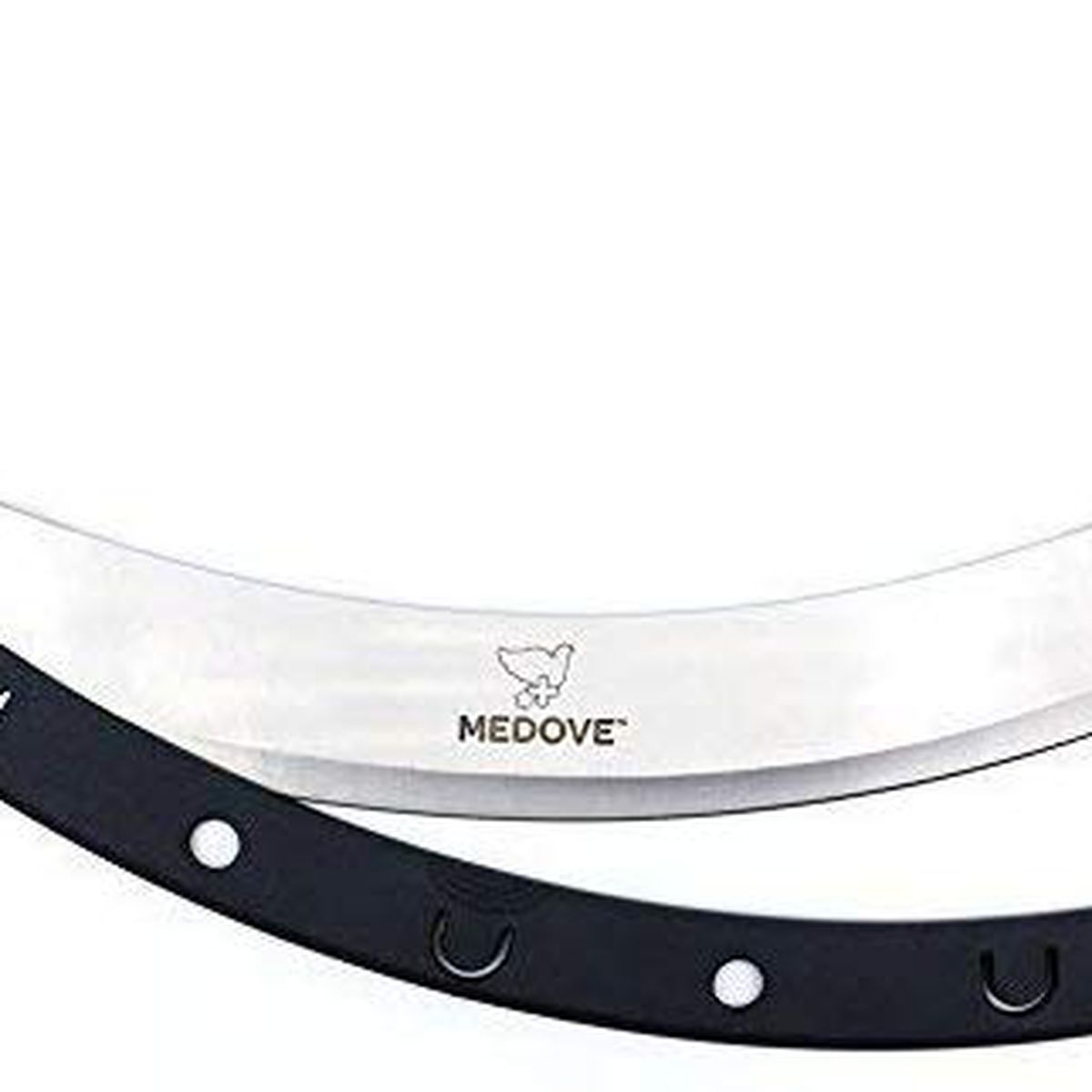 A rocker blade pizza cutter with stainless steel handles and a black blade cover