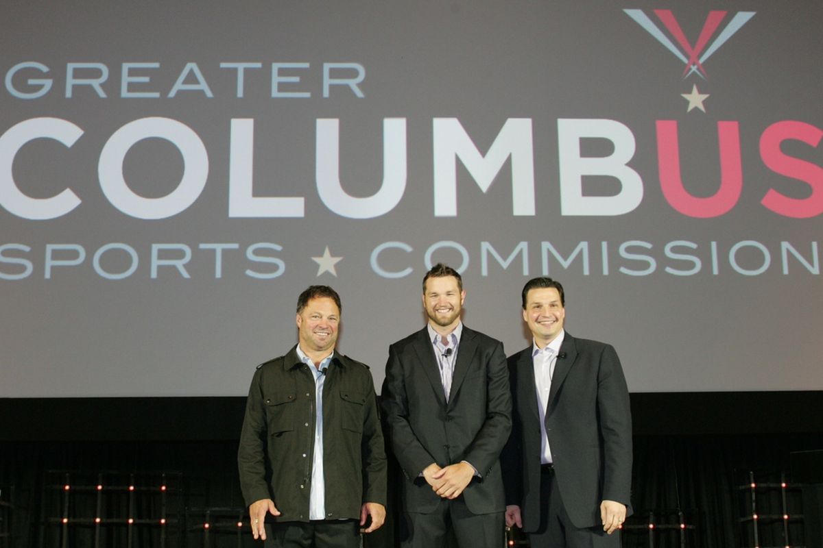 Rick Nash, Eddie Olcyzk, and Dino Ciccarlli unveil the GCSC's new logo this summer - but what does the GCSC hope to unveil as part of the future of NHL hockey in Columbus? (Photo courtesy of the GCSC)