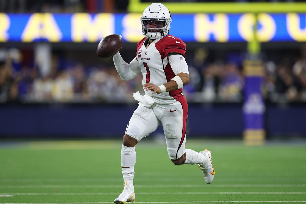 Kyler Murray #1 of the Arizona Cardinals scrambles against the Los Angeles Rams during the fourth quarter in the NFC Wild Card Playoff game at SoFi Stadium on January 17, 2022 in Inglewood, California.