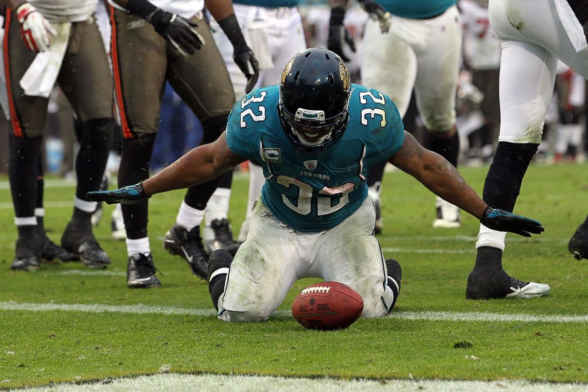 JACKSONVILLE, FL - DECEMBER 11:   Maurice Jones-Drew led all scorers this week by scoring 17% of the his overall total for the year.  4 TDs in one game will do that to you. (Photo by Sam Greenwood/Getty Images)