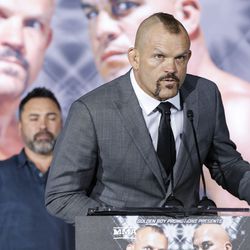 Chuck Liddell speaks to the media at the final Liddell vs. Ortiz 3 press conference in Inglewood, Calif.
