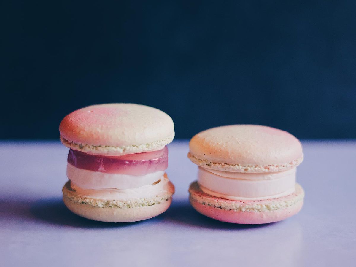 A tall photo of two macarons on a moody purple background.