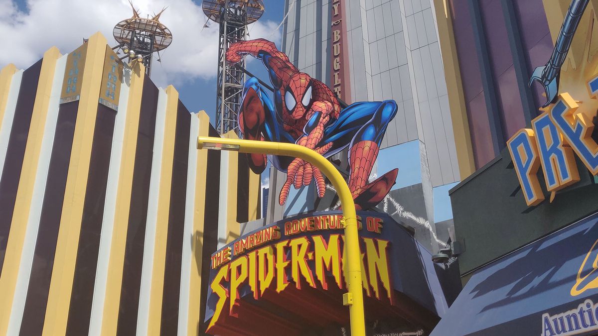 the entrance for Universal Studios’ Spider-Man ride