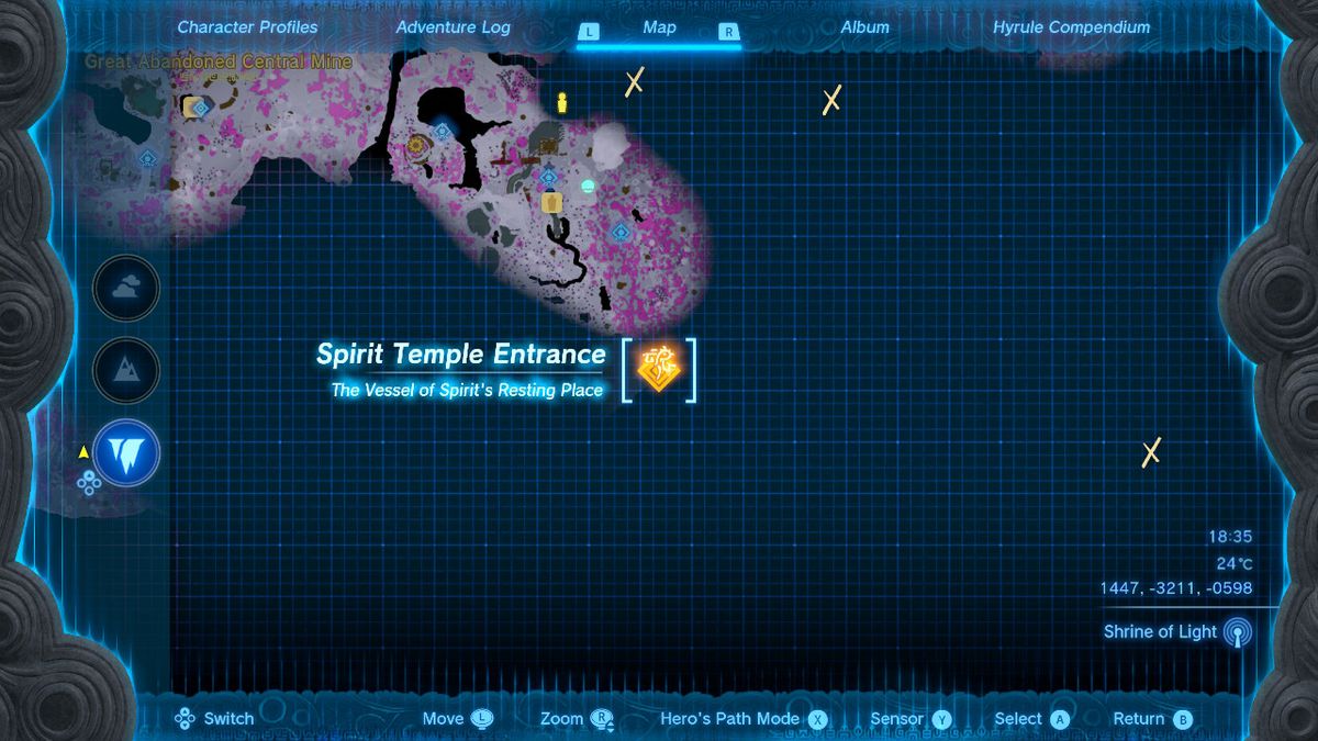 A map shows the entrance to the Spirit Temple in the Depths in Zelda Tears of the Kingdom.