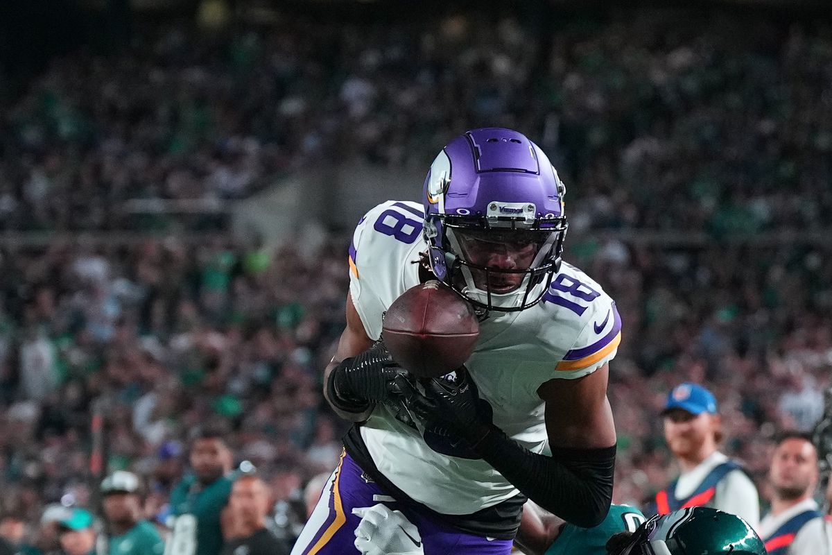 Justin Jefferson #18 of the Minnesota Vikings fumbles the ball over the pylon for a touchback as he is tackled by Terrell Edmunds #26 of the Philadelphia Eagles during the second quarter at Lincoln Financial Field on September 14, 2023 in Philadelphia, Pennsylvania.