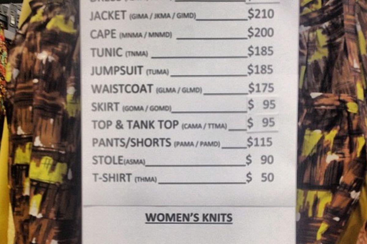 The price list for women's ready-to-wear and knits
