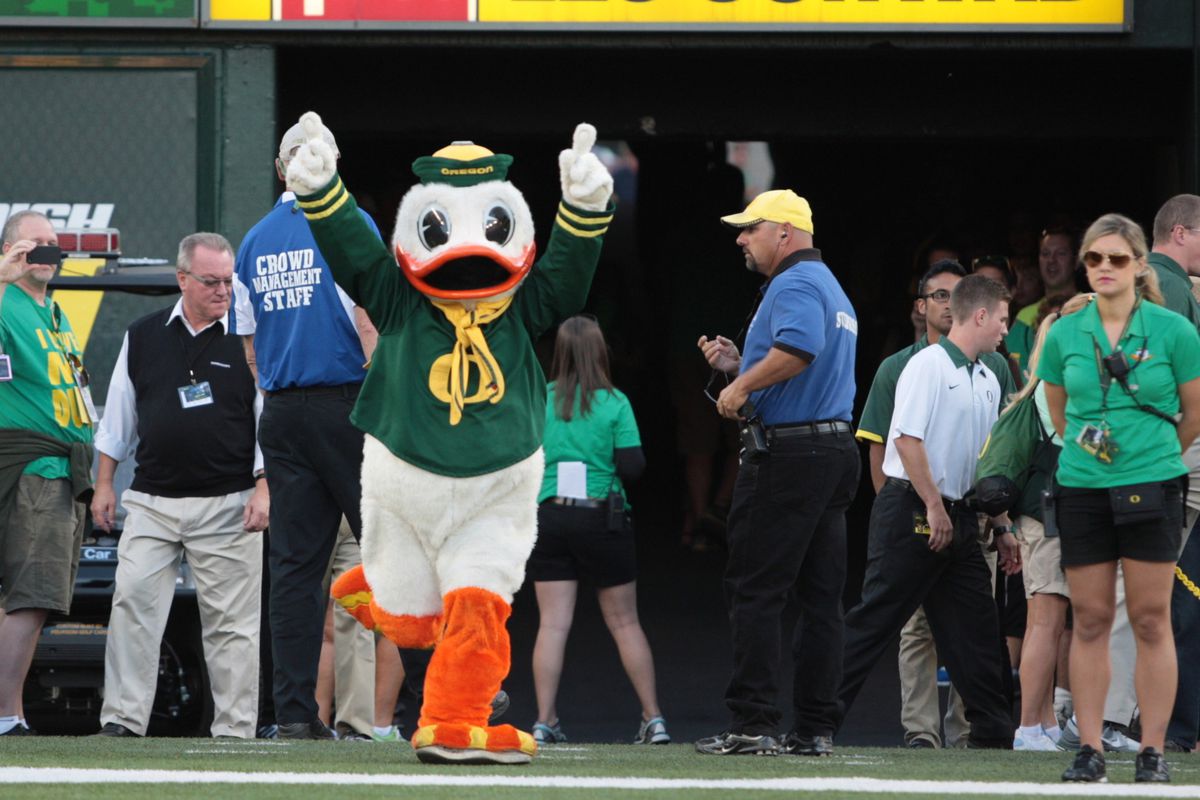 September 1, 2012; Eugene, OR, USA; Oregon Ducks mascot brings the team onto the field for the beginning of the game. Mandatory Credit: Scott Olmos-US PRESSWIRE