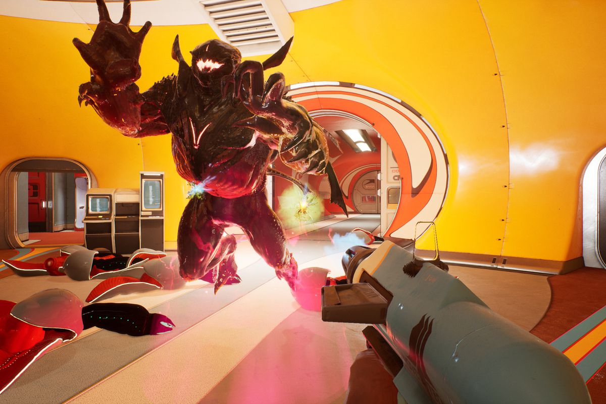 a large, horned anthropomorphic beast leaps at the player in The Anacrusis, aiming a futuristic gun in its direction