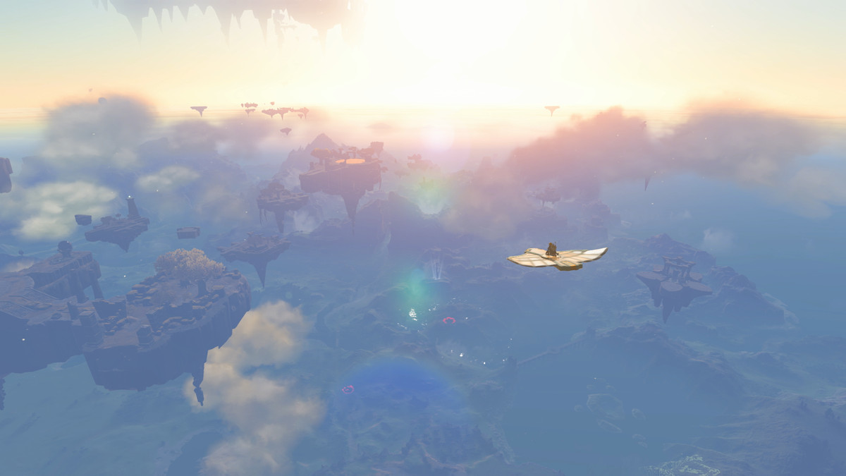 Link is a tiny figure soaring the the sky on a wing-shaped flying device. Below is a hazy landscape fading into a sunset
