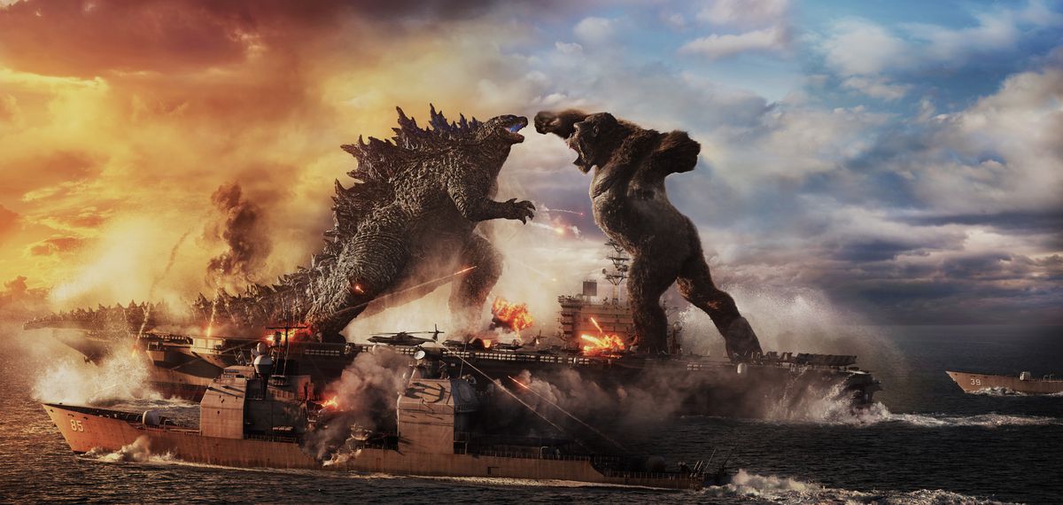 Godzilla and King Kong encounter an aircraft carrier in Godzilla vs. Kong