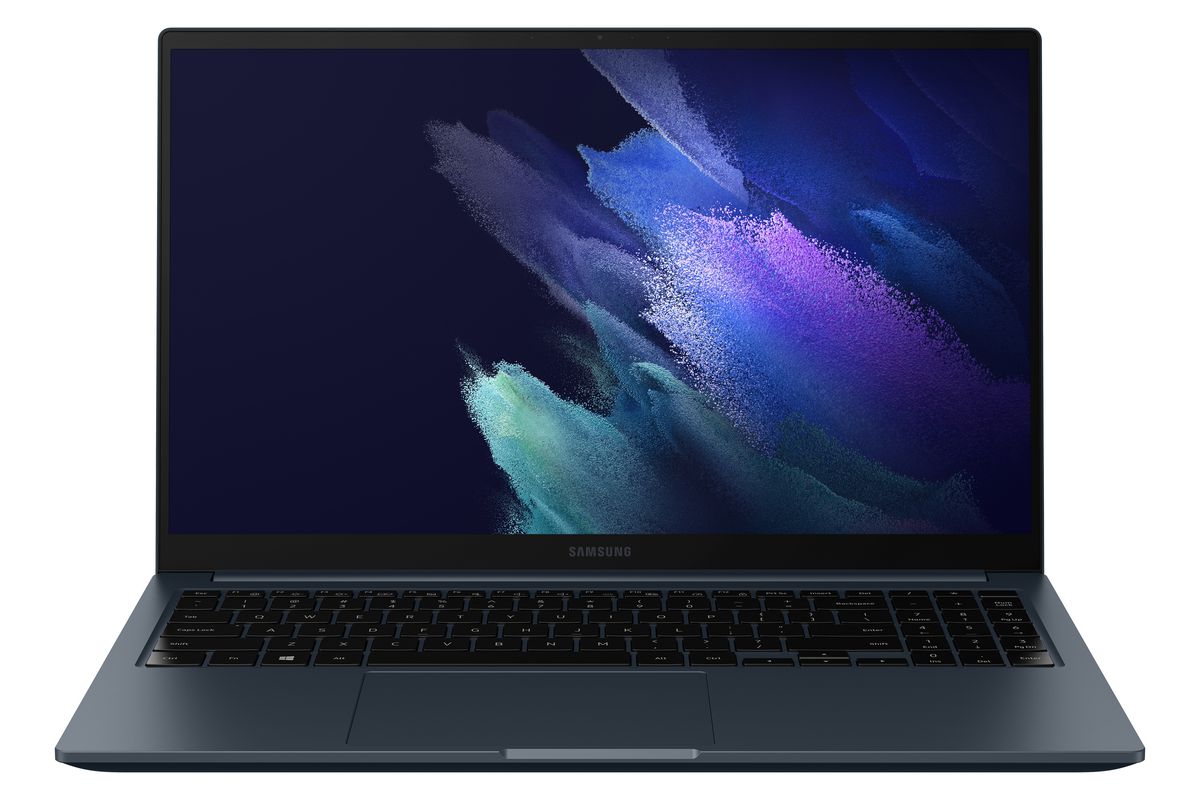 The Samsung Galaxy Book Odyssey on a white background facing forward. The screen displays a blue and black pattern.