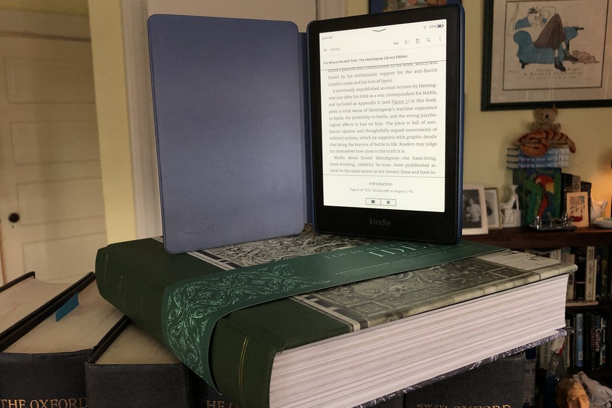 A 7.3-ounce Kindle Paperwhite sitting atop the newly published 5.25-pound “Louis Sullivan’s Idea” by Tim Samuelson and Chris Ware. The cool blue leather cover costs extra.