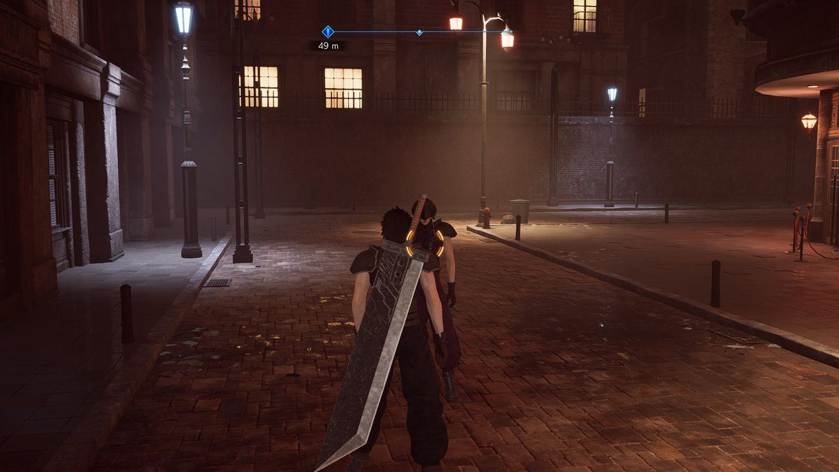 Zack Fair stands in Loveless Avenue in front of a Shinra infantryman